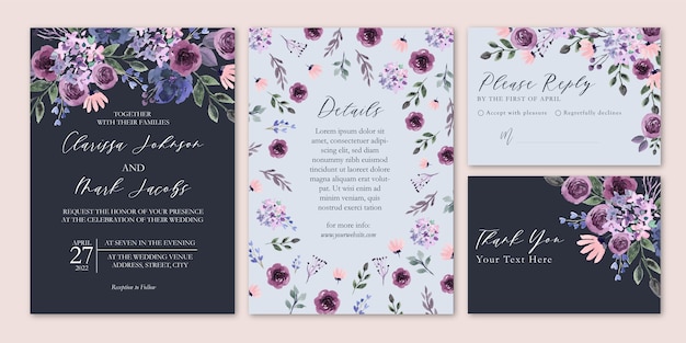 Invitacion De Boda Floral Elegante De Color Morado Oscuro Vector Premium