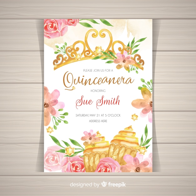 Invitación dorada a fiesta de quinceañera con flores | Vector Gratis