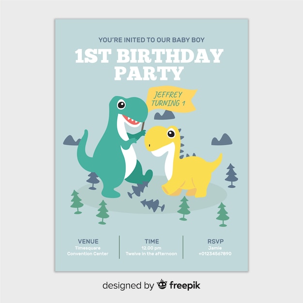 Invitación primer cumpleaños dinosaurios vector gratuito