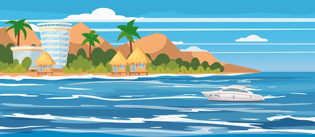 Isla tropical, hoteles, bungalows, vacaciones, viajes, relax, embarcación de recreo, paisaje marino Vector Premium