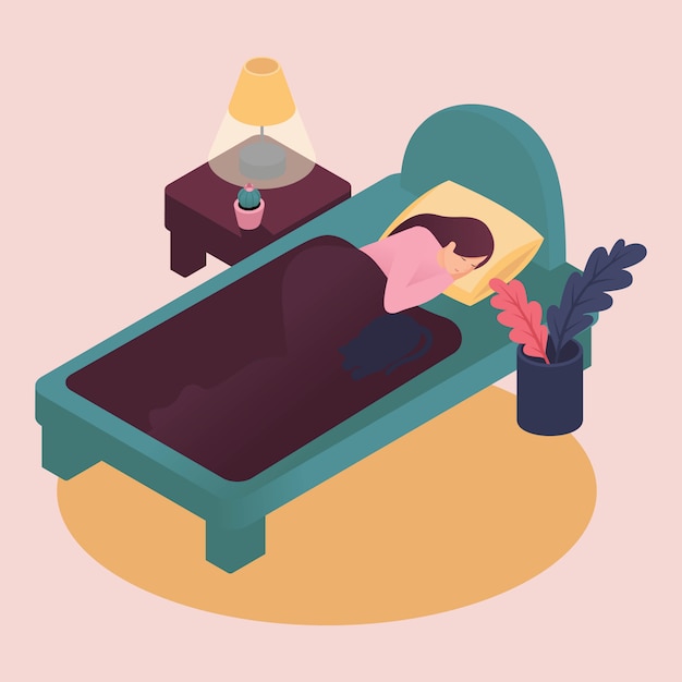 Isometrica Joven Durmiendo Sola En La Cama En Su Casa Con Gato Cuidando De La Mascota Ilustracion De Color En Estilo Plano Vector Premium