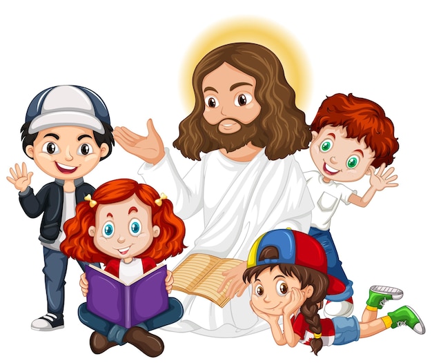 Jesús predicando a un personaje de dibujos animados de grupo de niños