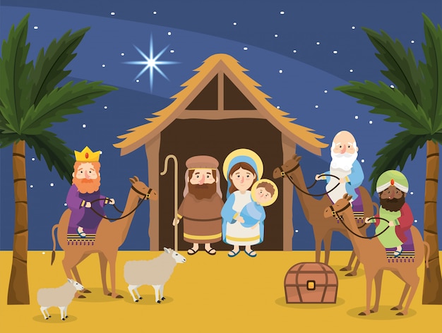 José Con María Y Jesús En Los Reyes Del Pesebre Y Los Magos Vector Premium 2466