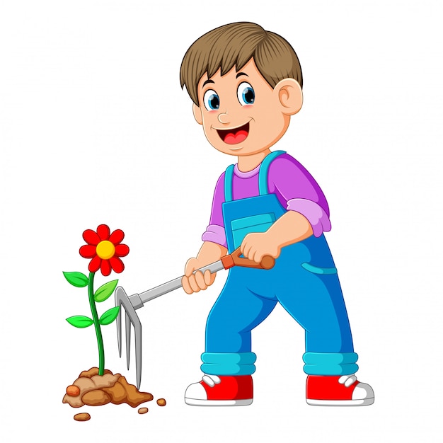 Joven cuidando plantas y usando el rastrillo Vector Premium