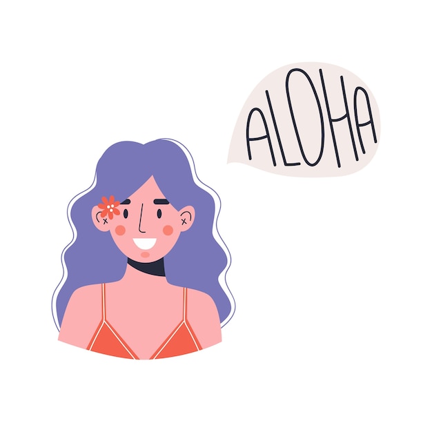 Una Joven Sonriente Saluda En Idioma Hawaiano La Mujer Habla Hawaiano Ilustracion Vectorial Vector Premium