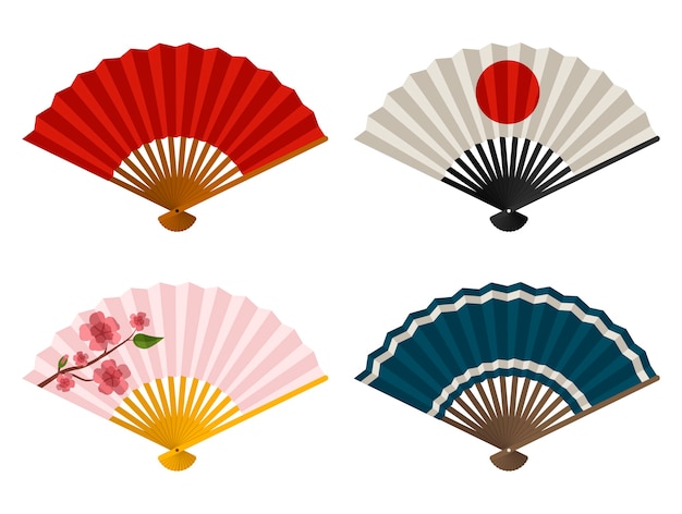 Juego De Abanicos De Mano Abanico Plegable Japones Y Chino Abanico De Geisha De Papel Tradicional Asiatico Vector Premium