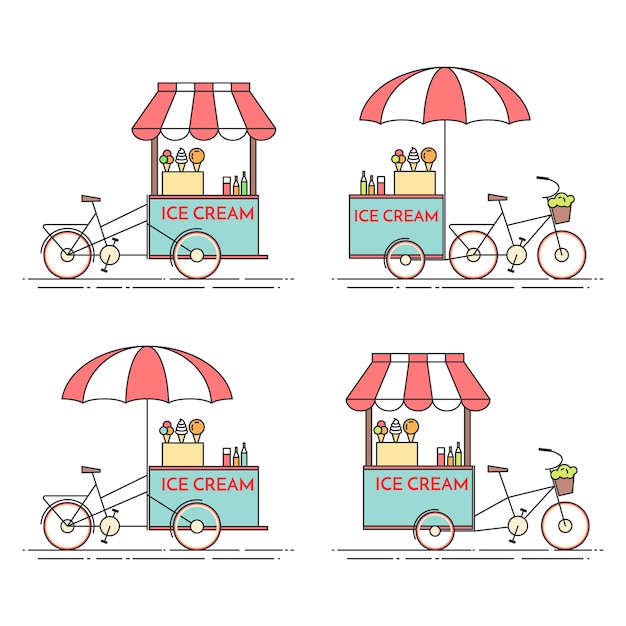 Juego de bicicletas de helados. carro sobre ruedas. quiosco de comida. ilustracion vectorial línea plana de arte. elementos para construcción, vivienda, mercado inmobiliario, diseño de arquitectura, folleto de inversión inmobiliaria, banner Vector Premium