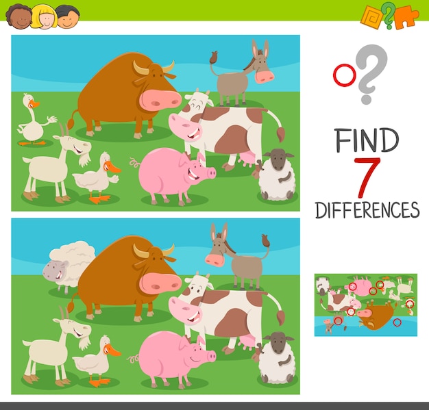 Juego de diferencias para niños con animales de granja | Vector ...