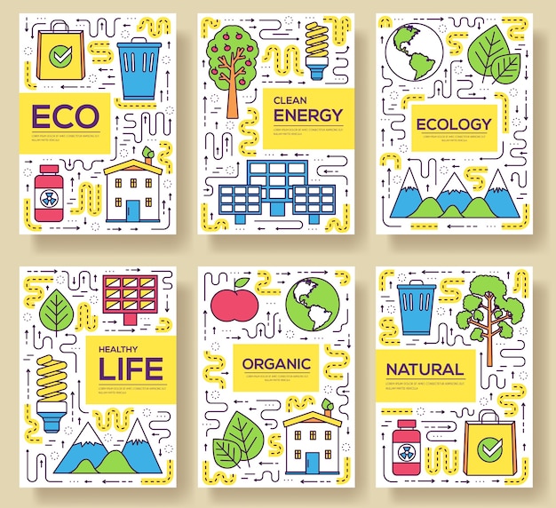 Juego De Lineas Finas De Tarjetas De Energia Limpia Plantilla De Recursos Naturales De Flyear Portada De Libro Pancartas Vector Premium