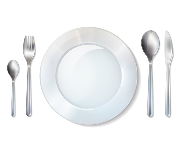 Juego de platos y cubiertos de imagen realista. vector gratuito