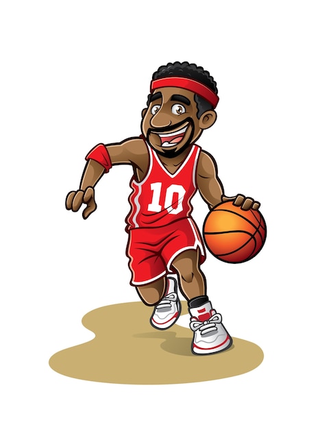 El Jugador De Baloncesto De Dibujos Animados Se Está Moviendo Regate Con Una Sonrisa Vector