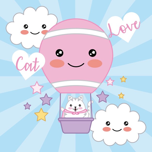 Kawaii cat love air balloon nubes estrellas decoración | Vector ...