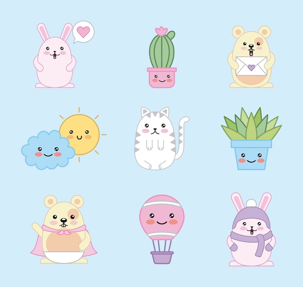 Kawaii Dibujos Animados Gato Raton Conejo Cactus Nube Sol Vector Premium