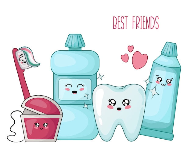 Kawaii diente sano y cepillo de pasta dental hilo dental | Vector ...