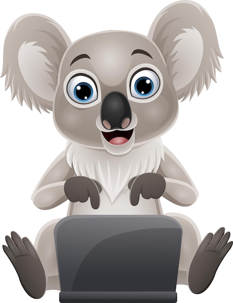 Koala De Bebe Divertido De Dibujos Animados Con Portatil Vector Premium