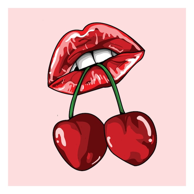 Labios bitting cereza dibujado a mano ilustración Vector Premium