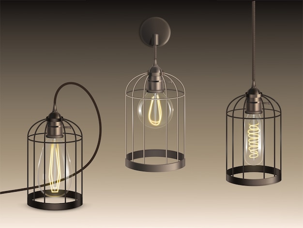 Lámparas estilo loft con bombillas incandescentes de diferentes formas filamentos calentados vector gratuito
