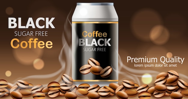 Lata De Cafe Negro Sin Azucar De Primera Calidad Lugar Para El Texto Vector Premium