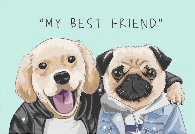 Lema "mi mejor amigo" con ilustración de perros lindos Vector Premium 