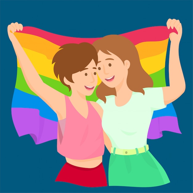 Lesbianas Ondeando Bandera Lgbt Del Arco Iris Celebrando El Orgullo Gay Vector Premium 9160