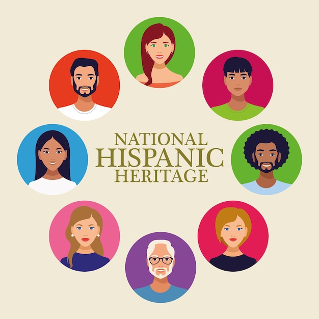 Letras De Celebración De La Herencia Nacional Hispana Con Personas En Marco Circular Vector