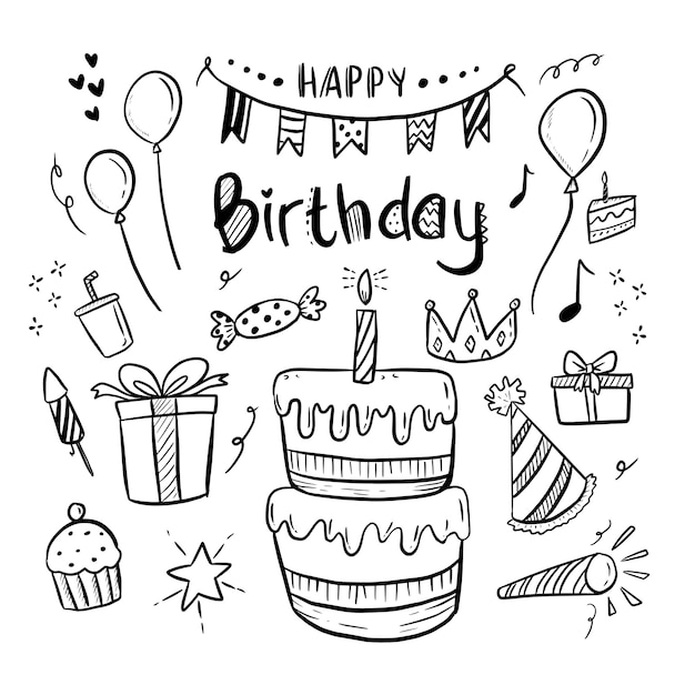 Letras de feliz cumpleaños y lindo dibujo doodle set vector ilustración