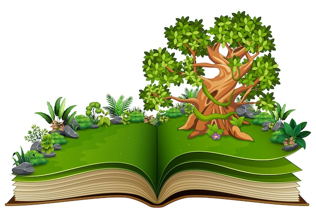 Libro abierto con árbol y planta verde de fondo de naturaleza ...