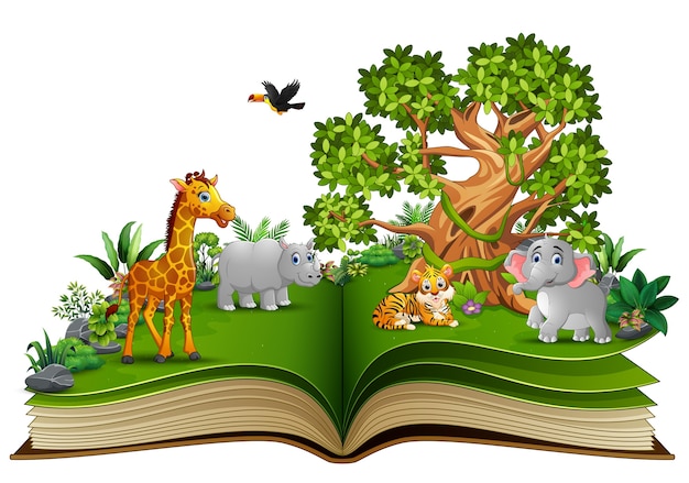 Libro abierto con dibujos animados de animales y árbol grande ...