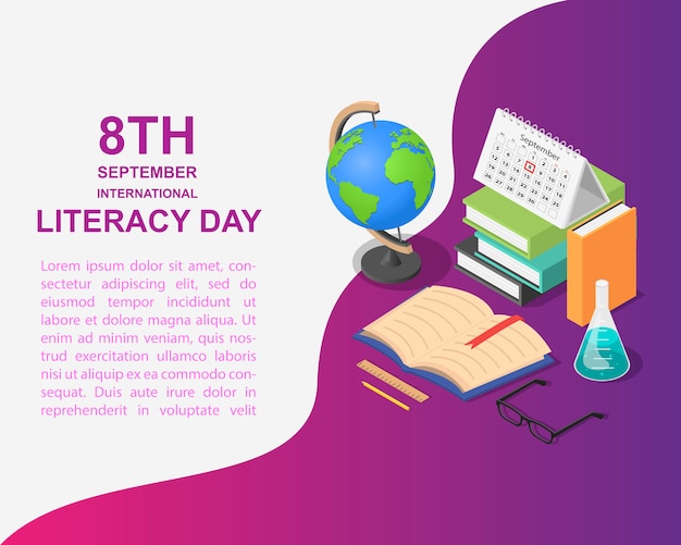 Libro del día de la alfabetización en estilo isométrico. Vector Premium