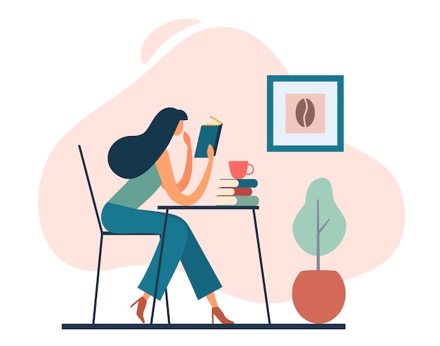 Libro de lectura de mujer inteligente en café. ilustración de dibujos animados | Vector Premium