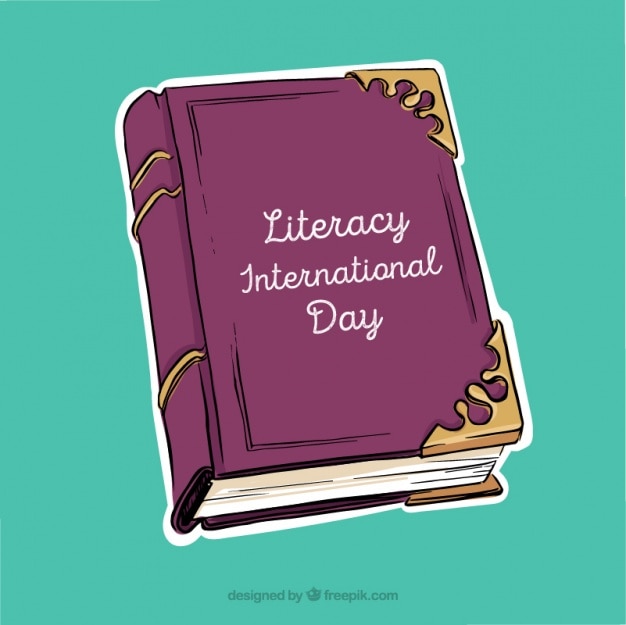 Libro morado para el fondo del día internacional de la alfabetización | Vector Gratis