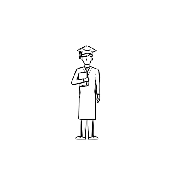 Licenciatura en gorro de graduación y capa icono de doodle de contorno