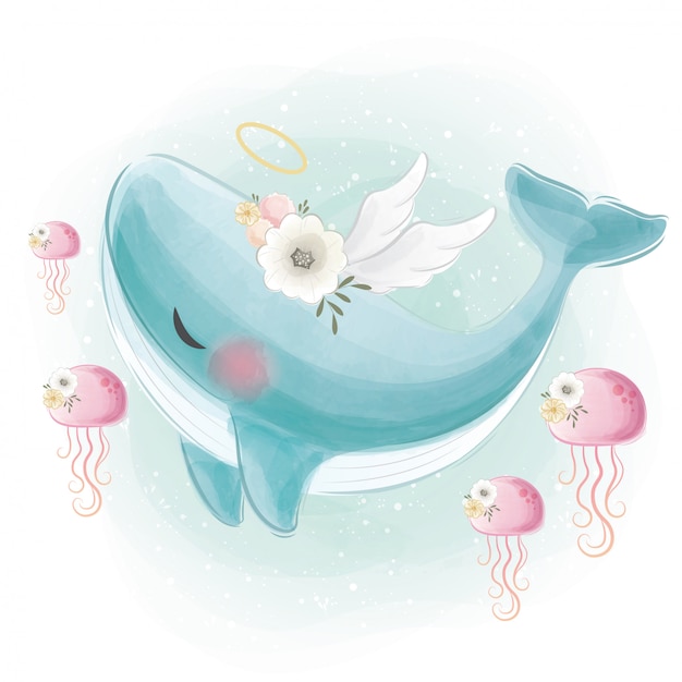 Linda ballena angelical azul nadando con las medusas Vector Premium 