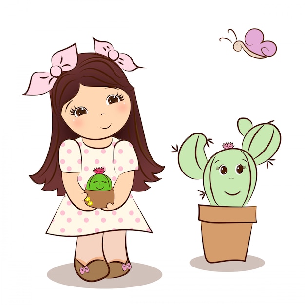 Linda chica y cactus kawaii Vector Premium
