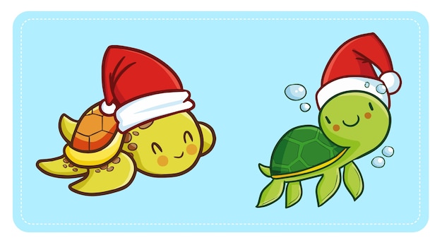 Linda Y Divertida Tortuga Bebe Kawaii Con Gorro De Papa Noel Para Nadar Y Sonreir En Navidad Vector Premium