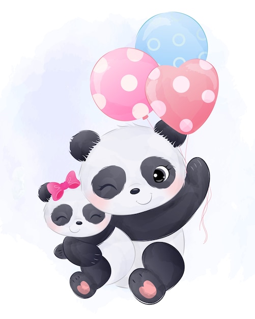 Linda Mama Panda Y Bebe Panda Ilustracion En Acuarela Vector Premium