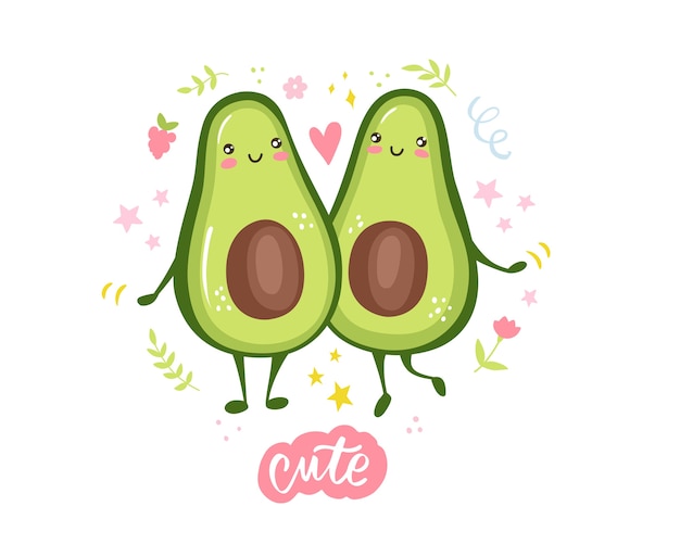 Linda pareja de aguacate enamorada dos mitades de aguacate abrazándose