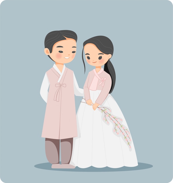 Linda Pareja Coreana En Personaje De Dibujos Animados De Vestido Tradicional Hanbok Vector Premium