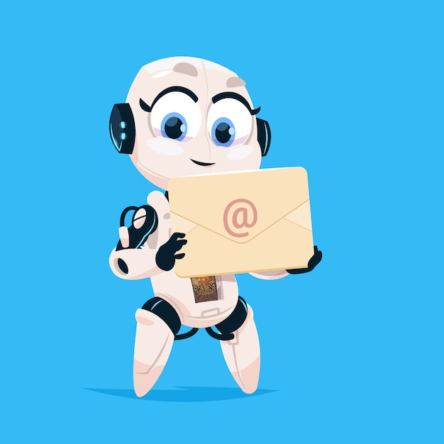 Linda robot hold envelope mail notification robotic girl isolated icon Vector Premium