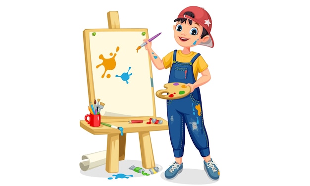 Lindo artista niño pintando sobre lienzo ilustración Vector Premium