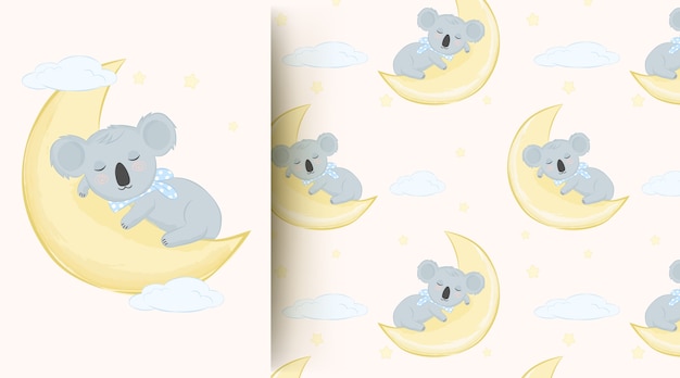 Lindo Bebe Animal Koala Durmiendo En La Luna De Patrones Sin Fisuras Vector Premium