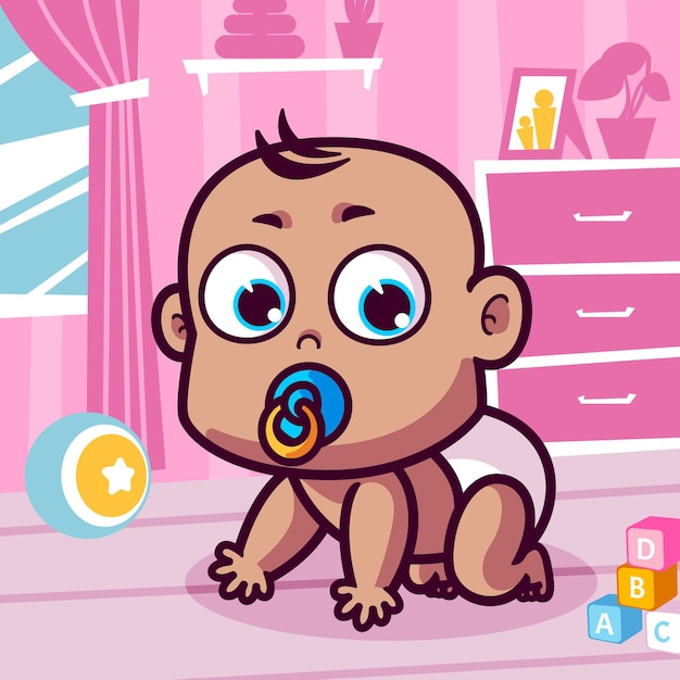 Lindo Bebe Con Dibujos Animados De Chupete Vector Premium