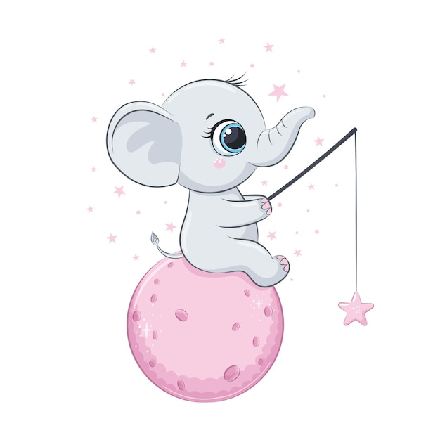 Lindo Bebé Elefante Con Luna Y Estrellas Ilustración Vectorial