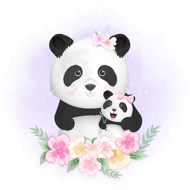 Lindo bebé panda y mamá ilustración dibujada a mano Vector Premium