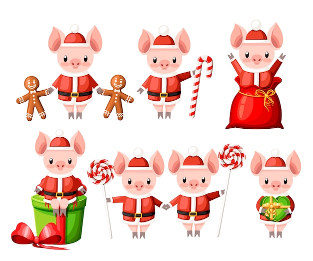 Lindo cerdo en la colección de disfraces de navidad de santa personaje animado cerditos con