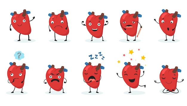 Lindo corazón. órgano humano con rostro y diferentes emociones, personaje de dibujos animados feliz, triste, enojado, enfermo y saludable. v vector gratuito