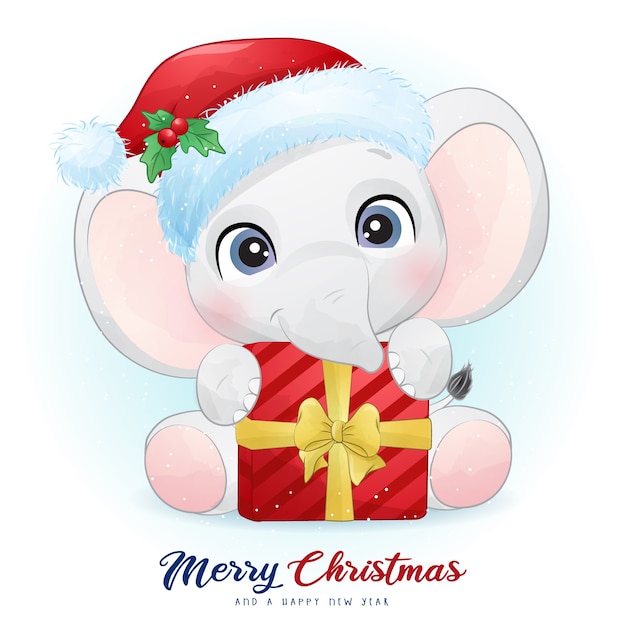 Lindo Elefante Para El Día De Navidad Con Ilustración Acuarela Vector