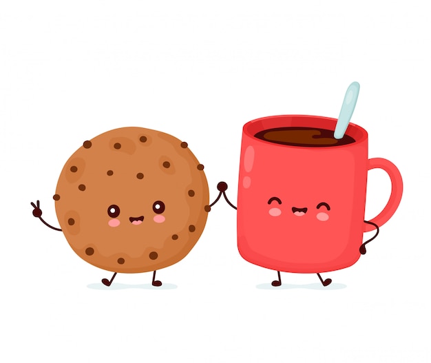 Lindo feliz divertida galleta de chocolate y taza de café diseño de icono de ilustración de