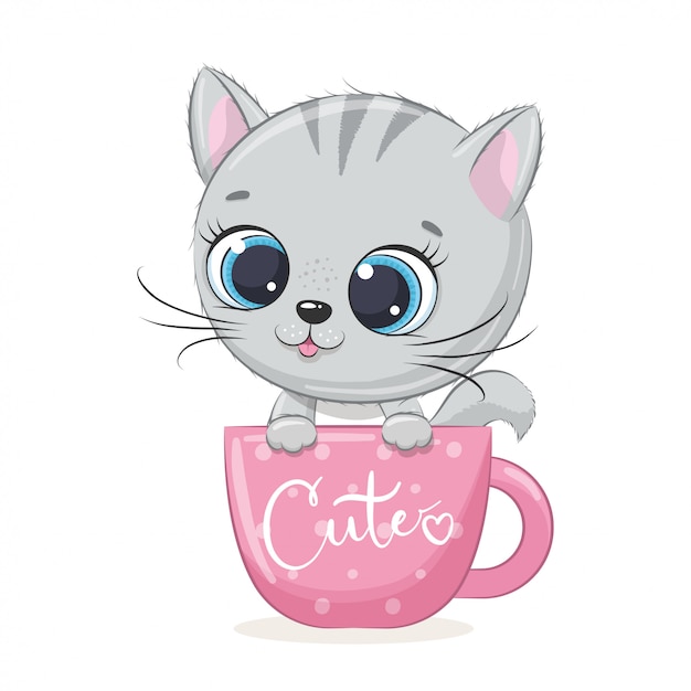 Lindo Gatito Beb En La Taza Ilustraci N Vector Premium