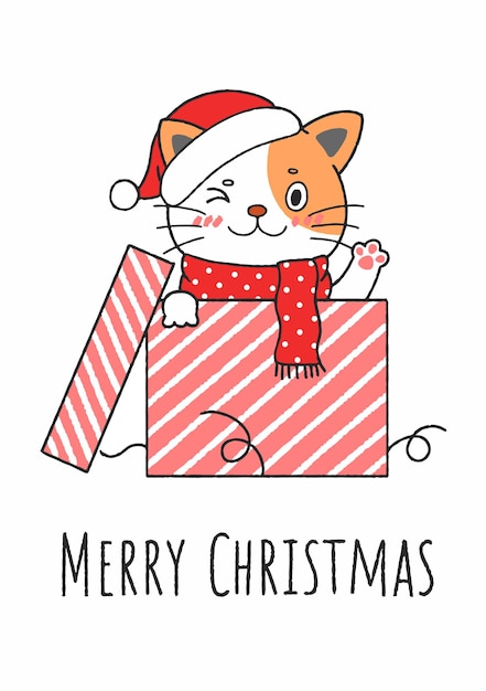 Lindo Gatito De Navidad Dibujado A Mano En Una Caja Vector Premium